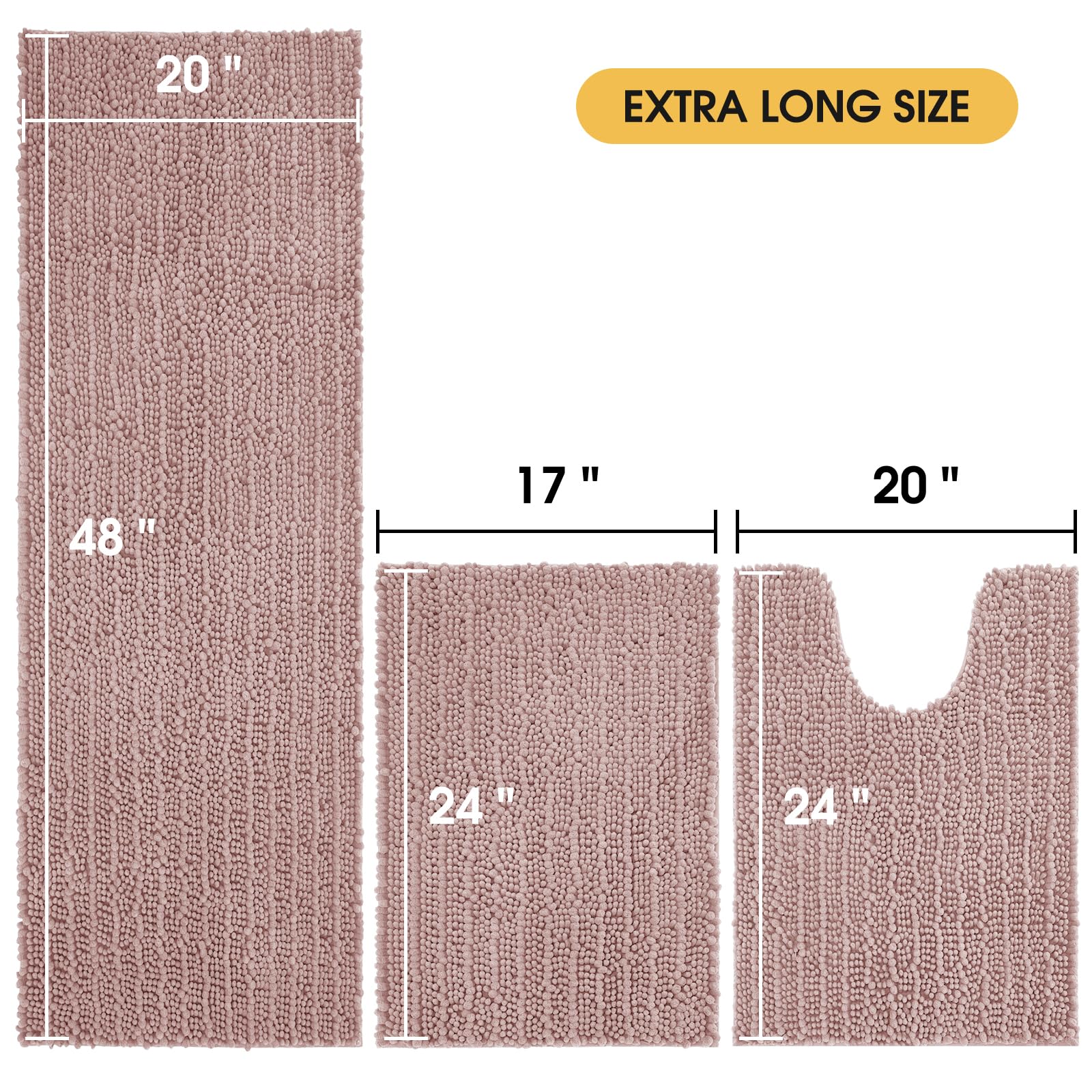 Accumtek Upgrade Extra Large Dusty Pink Bathroom Rug Set 3 Pieces Ultra Soft, Thick Absorbent Bath Mats, Non Slip Chenille Toile